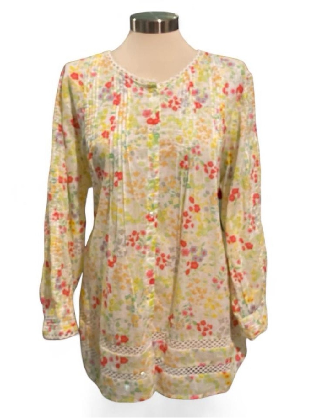 intro. Floral Lace-Trim Long Sleeve Tunic - White with Pink & Yellow